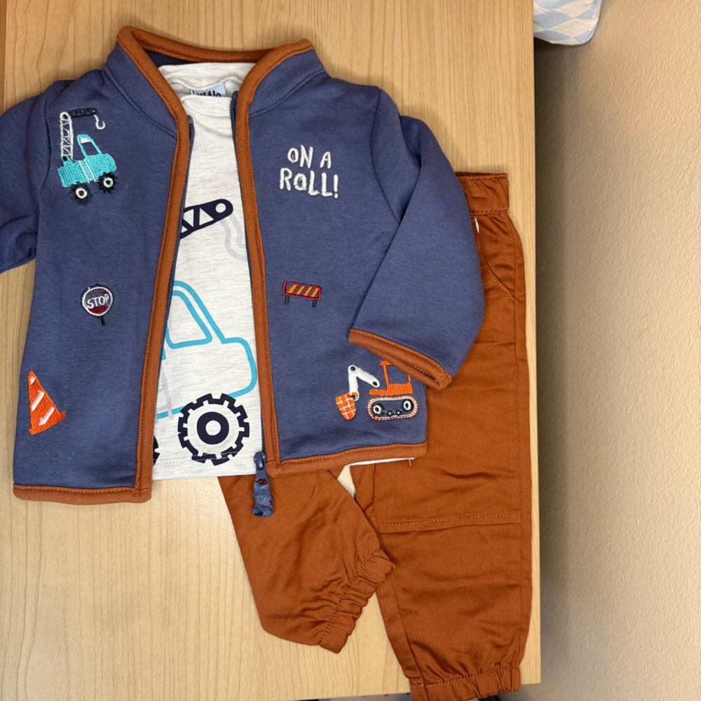 NWOT 3 Piece Little Lad Boys Jacket/Shirt/Jogger 9-12Mo Construction Trucks Blue